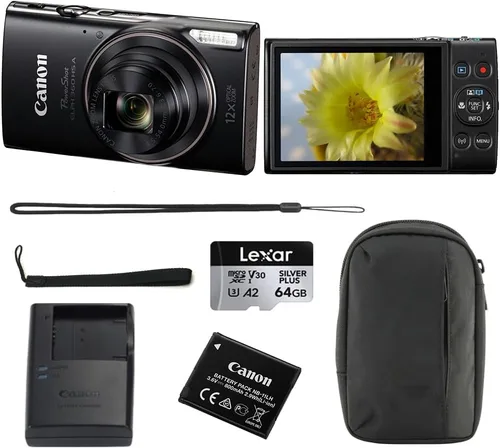 Canon PowerShot ELPH 360 HS A - Cámara digital | Paquete negro con tarjeta de memoria de 64 GB + correa de muñeca + bolsa para cámara digital (4