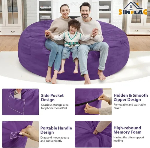 Miniatura 216 de Puf de 5 pies, puf grande con relleno de espuma viscoelástica, sofá puff esponjoso con funda de terciopelo holandés, puf redondo para sala de estar