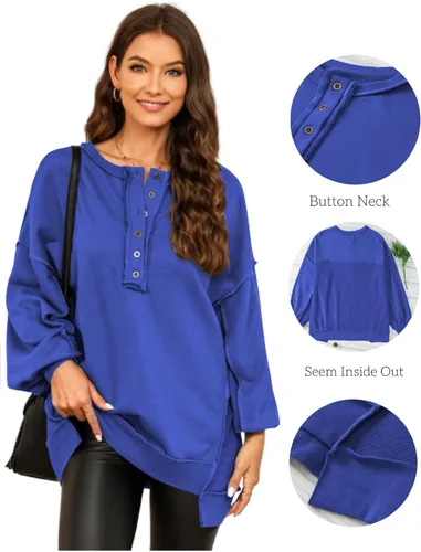 Miniatura 21 de AlvaQ - Sudadera de gran tamaño para mujer, informal, de manga larga, con botones y cuello Henley, tipo túnica