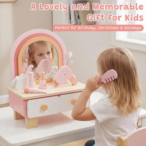 Miniatura 5 de Juego de tocador de madera para niños, juego de simulación con espejo, juego de salón de belleza, incluye accesorios de maquillaje, regalo