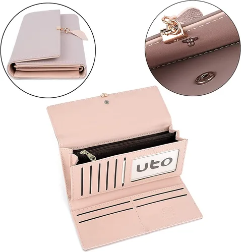 Miniatura 4 de UTO - Cartera pequeña RFID de piel sintética con dije de hoja, cierre de cremallera y tarjetero.
