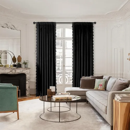 Miniatura 7 de Fazhesici Cortinas opacas de terciopelo negro de 63 pulgadas de largo para ventanas, cortinas con bolsillo para barra con borlas, cortinas térmicas