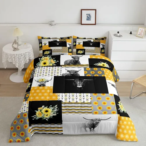 Miniatura 10 de Juego de ropa de cama de vaca de las tierras altas, edredón de ganado de las tierras altas, juego de edredón rosa floral de vaca occidental, juego