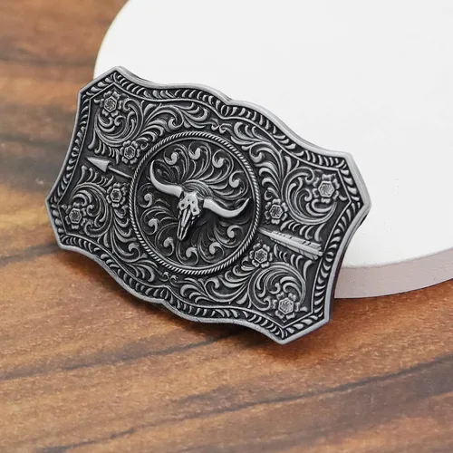 Miniatura 10 de RechicGu Hebilla de cinturón ovalada de calavera de toro de cuerno largo, cuentas de madera turquesa nativa americana, hebillas de vaquero