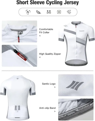 Miniatura 4 de Santic Camiseta de ciclismo para hombre, manga corta, camiseta de ciclismo de carretera, con cremallera completa, UPF 50+, MTB con bolsillos