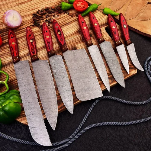 Miniatura 4 de Cuchilla de acero de damasco hecha a mano personalizada Cuchillos de cocina profesionales 8 PCS cuchillo de cocina de chef conjunto con bolsa