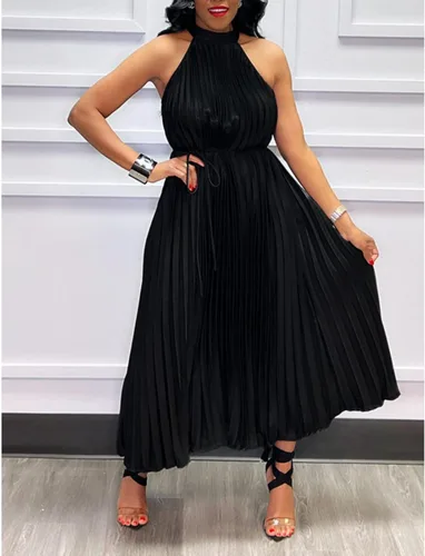 Miniatura 2 de Vestido largo plisado para mujer, sin mangas, vestido de cóctel largo con vuelo, vestido de playa con cinturón