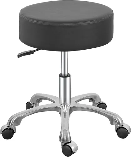 Miniatura 10 de Silla redonda con respaldo, acolchado grueso y resistente, taburete giratorio con ruedas, taburete ajustable con ruedas (con respaldo, negro)