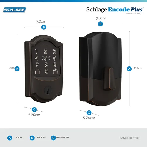 Miniatura 3 de Schlage BE499WB CAM 716 Encode Plus WiFi Cerrojo de seguridad inteligente con cerradura de entrada sin llave y pantalla táctil con moldura Camelot