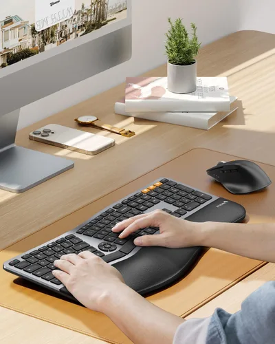Miniatura 8 de ProtoArc Teclado y mouse ergonómico, EKM01 Plus Combo de teclado y mouse inalámbricos Bluetooth de tamaño completo, reposa muñecas acolchado, diseño