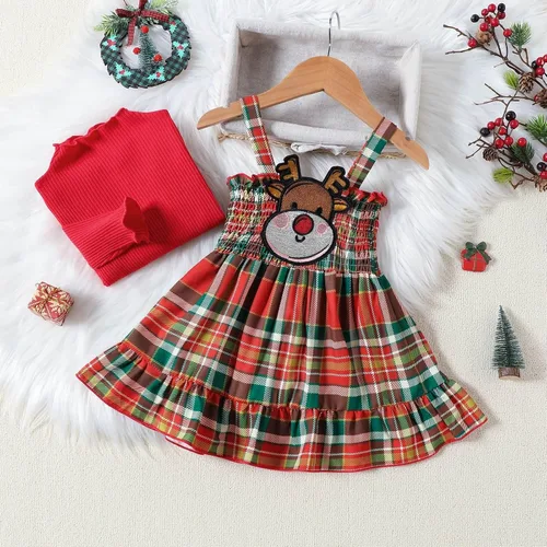 Miniatura 5 de Vestido de Navidad para niñas pequeñas, con base roja, lazo grande, a cuadros, ropa de bebé