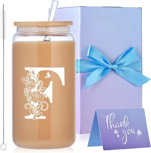 Miniatura 15 de Vasos de vidrio con iniciales con tapas y pajitas, regalos con monograma para mujeres, vaso de vidrio de cerveza de 16 onzas, taza de café helado