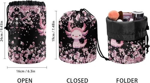 Miniatura 4 de Poceacles Bolsa de maquillaje con cordón, estuche portátil para cosméticos, bolsa de aseo de viaje, organizador de barril, bolsa de almacenamiento