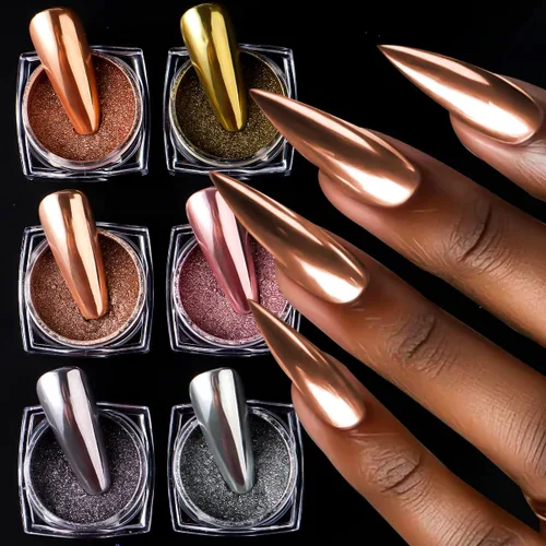 Kit de polvo de uñas cromado de 6 colores, polvo cromado negro dorado rosa para uñas, pigmento de efecto espejo mágico, polvo metálico de frotación,