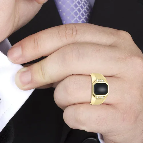 Miniatura 4 de SZUL Anillo de oro amarillo de 10 quilates con ónix y diamantes para hombre