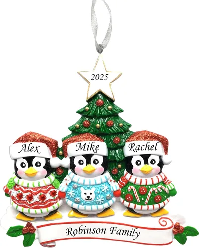 Adorno de Navidad familiar 2025 – Adorno personalizado para familias – Adorno familiar de pingüinos personalizado – Decoración para árbol de Familia