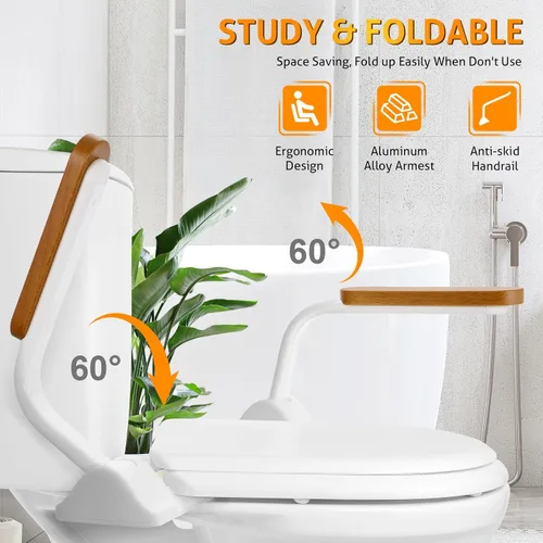 Miniatura 2 de WICHEMI - Rieles de seguridad de inodoro para personas mayores, rieles de inodoro ajustables para discapacitados con asas de madera plegables