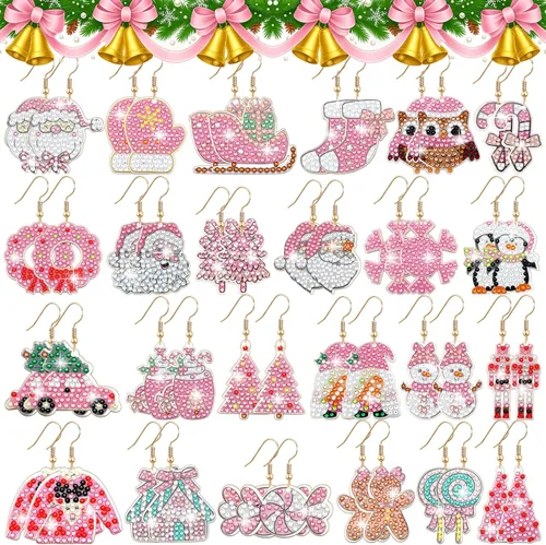Miniatura 8 de Siifert 24 pares de aretes de pintura de diamante de Navidad, kit de fabricación de aretes DIY, aretes de arte de diamante, kit de joyería