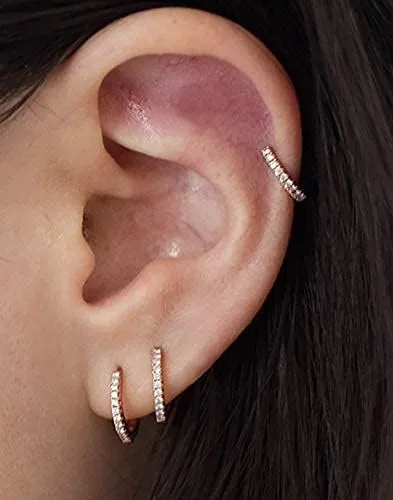 Miniatura 6 de 3 pares de aretes de aro pequeños de plata de ley con circonita cúbica Aretes de aro pequeños para cartílago para mujer