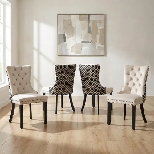Miniatura 50 de OVENTA Juego de 4 sillas de comedor modernas tapizadas copetudas, terciopelo negro y gris y cuero con patas de madera maciza, sillas de cocina