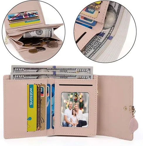 Miniatura 97 de UTO - Cartera pequeña RFID de piel sintética con dije de hoja, cierre de cremallera y tarjetero.