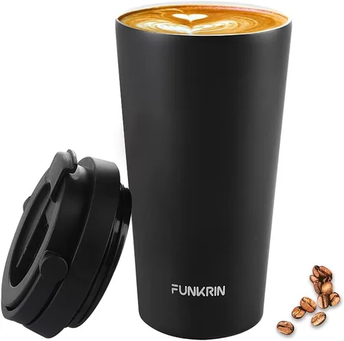 Funkrin Taza de café aislada con revestimiento de cerámica, taza de café helado de 16 onzas con tapa abatible y asa, taza de viaje a prueba de fugas