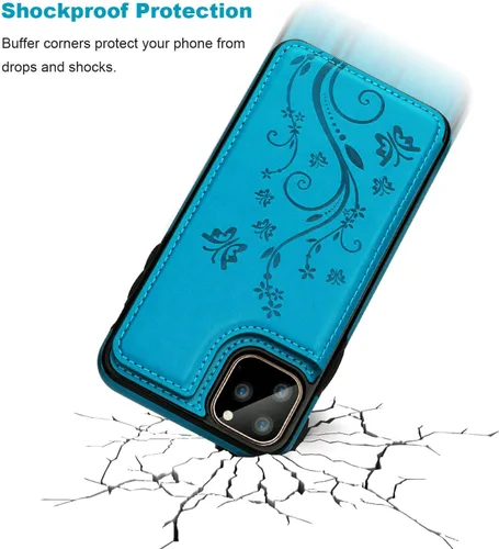 Miniatura 5 de Vaburs Funda para iPhone 11 Pro Max con tarjetero, diseño de mariposa en relieve de piel sintética de alta calidad, doble cierre magnético, a prueba