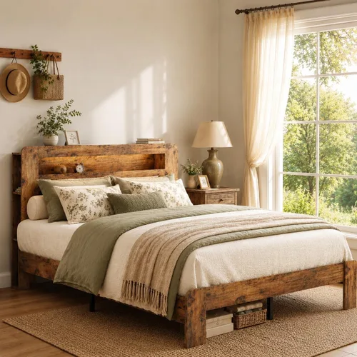 Miniatura 6 de Estructura de cama de madera tamaño Queen con cabecero de almacenamiento, estructura de cama de plataforma estilo granja con estante de biblioteca