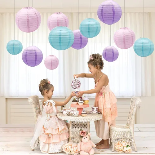 Miniatura 6 de Lámparas de papel para decoración de fiesta, lámparas colgantes redondas rosa, púrpura y azul para fiesta temática de sirena, cumpleaños de niñas