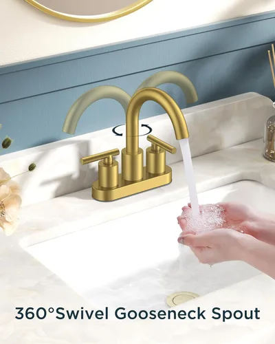 Miniatura 2 de FORIOUS Juego central de grifo de baño dorado cepillado de 4 pulgadas, 2 manijas y 2 agujeros dorados para tocador de baño con metal emergente