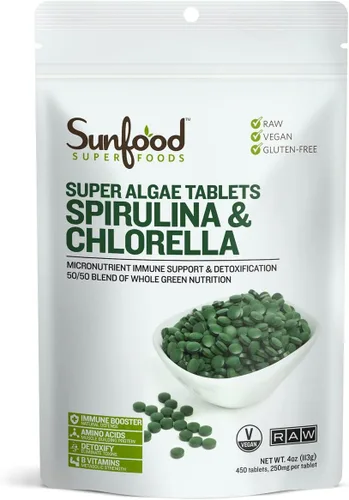 Tabletas de Clorela y Espirulina Sunfood - Pastillas en Polvo de Espirulina y Clorela, Suplemento de Algas Verdes Rico en Clorofila, Pared Celular