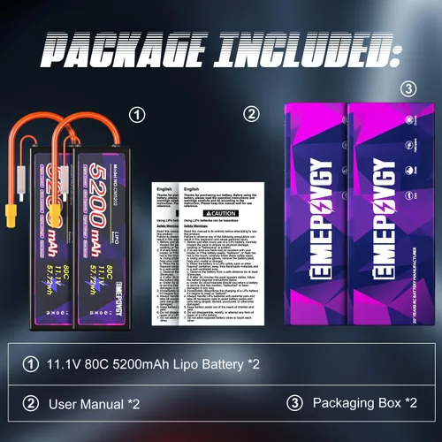 Miniatura 7 de Batería Lipo de 11.1V 3S 5200mAh 80C Lipos Estuche rígido con conector XT60 para coches RC camiones 1/8 1/10 vehículos RC (2 paquetes)