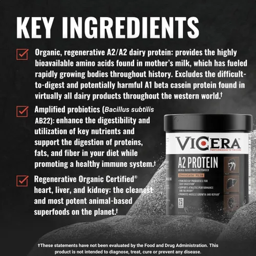 Miniatura 6 de VICERA A2 Polvo de Proteína, Leche de Chocolate, 25 G de Proteína por Porción, Mezcla Orgánica de A2/A2 de Suero y Caseína con Probióticos y Sal