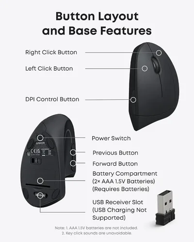 Miniatura 4 de Mouse óptico, ergonómico, vertical e inalámbrico 2.4G de Anker, modelos 800/1200/1600 ppp, con 5 botones y en color negro