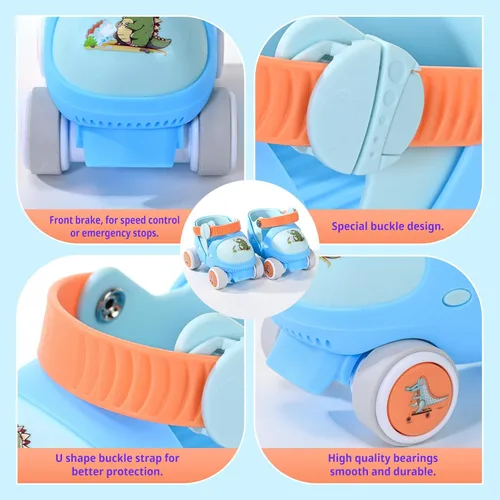Miniatura 5 de Patines Infantiles Ajustables de Cuatro Ruedas para Niños y Niñas, con Ruedas con Bloqueo para Principiantes, Bebes, Edad de 2 a 6 Años Dino Azul