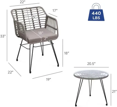 Miniatura 2 de KROFEM - Juego de 3 piezas de muebles de mimbre para patio estilo bistró, incluye 2 sillas de ratán y mesa con tapa de vidrio, ideal para porche