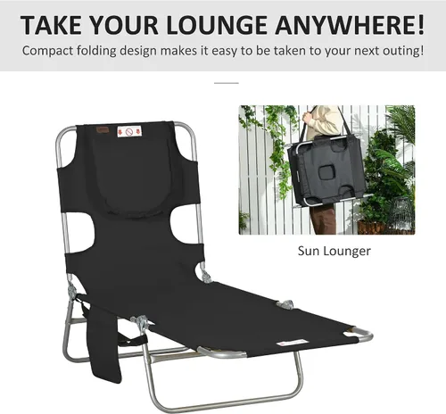 Miniatura 7 de Outsunny Tumbona para exteriores con agujero para el brazo facial, silla de bronceado reclinable de 5 posiciones con correa de transporte, bolsillo
