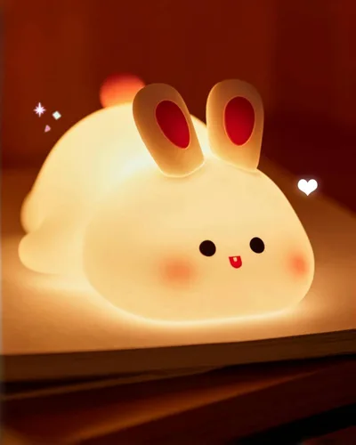 Luz nocturna de conejo de cara grande para niños, lámpara de conejo de silicona blanda con control táctil, 3 niveles de brillo, temporizador de