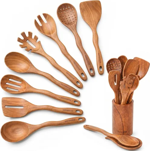 Miniatura 9 de Juego de 6 cucharas de madera de acacia para cocinar, juego de utensilios de madera Duradero, no tóxico, antiadherente, acabado suave, fácil