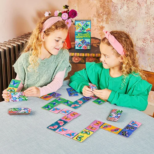 Miniatura 5 de eeBoo Dominó de mariposa brillante gigante – 28 azulejos de gran tamaño, lámina holográfica colorida, juego de colocación de azulejos, diversión sin