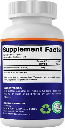 Miniatura 8 de Vitamatic Orotato de litio de 5 mg, 240 cápsulas vegetales, sin OMG, sin gluten.