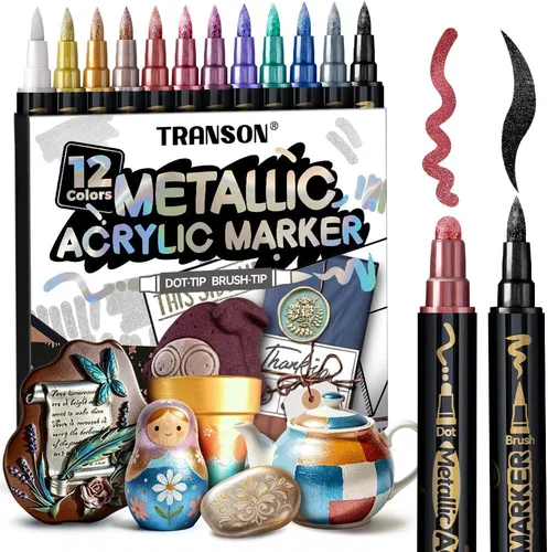 Miniatura 8 de TRANSON Juego de rotuladores de pintura acrílica de doble punta de 12 colores para lienzo de madera, madera, cuero, cerámica, pintura de bricolaje