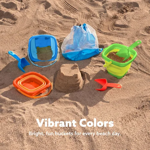 Miniatura 2 de Sloosh Paquete de 3 juguetes plegables de arena, cubo cuadrado plegable de silicona para playa con 3 palas para jugar en caja de arena, fiesta