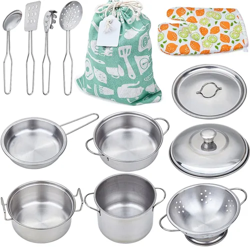 Juego de ollas y sartenes de juguete para niños, juego de cocina de simulación, mini utensilios de cocina de acero inoxidable, juguetes de