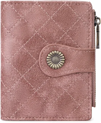 Miniatura 10 de FALAN MULE Billetera pequeña para mujer, plegable, con bloqueo RFID, portatarjetas de piel con bolsillo con cremallera para monedas Blanco/Marrón