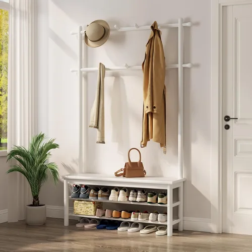 Miniatura 8 de AQIMUELE Perchero con almacenamiento de zapatos, árbol de pasillo de madera con banco, 11 ganchos y estantes de almacenamiento de 2 niveles, 3 en 1