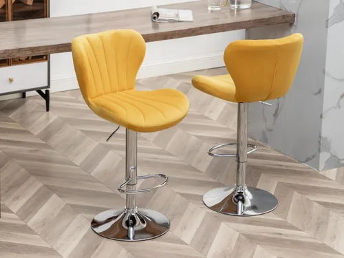 Miniatura 11 de Shell - Juego de 2 taburetes de bar giratorios ajustables con chasis plateado, silla de bar de terciopelo con respaldo medio, taburete de encimera
