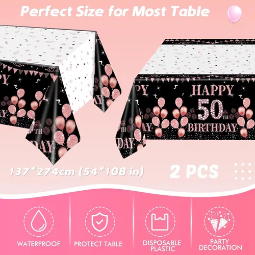 Miniatura 6 de Ryzovo 62 platos y servilletas de papel desechables de 50 cumpleaños, color negro y oro rosa, suministros de fiesta para 20 invitados, incluye 50