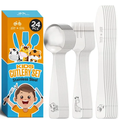 Miniatura 7 de Juego de cubiertos para niños, 12 piezas, incluye 4 tenedores, 4 cucharas y 4 cuchillos aptos para niños, cubiertos de metal para niños en edad