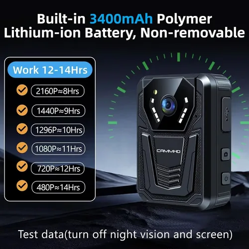Miniatura 3 de CAMMHD Cámara corporal F6 1TB 4K, trabajo de 12 a 14 horas y visión nocturna ultra, cámaras corporales impermeables con grabación de audio y video